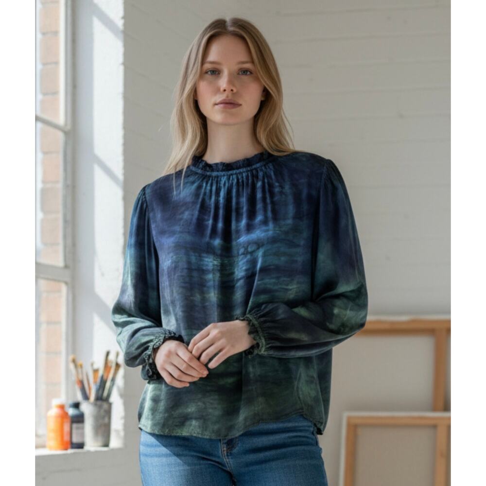 Anthropologie Cloth & Stone Blue Green Watercolor Blouse Size Small Ruffle Neck